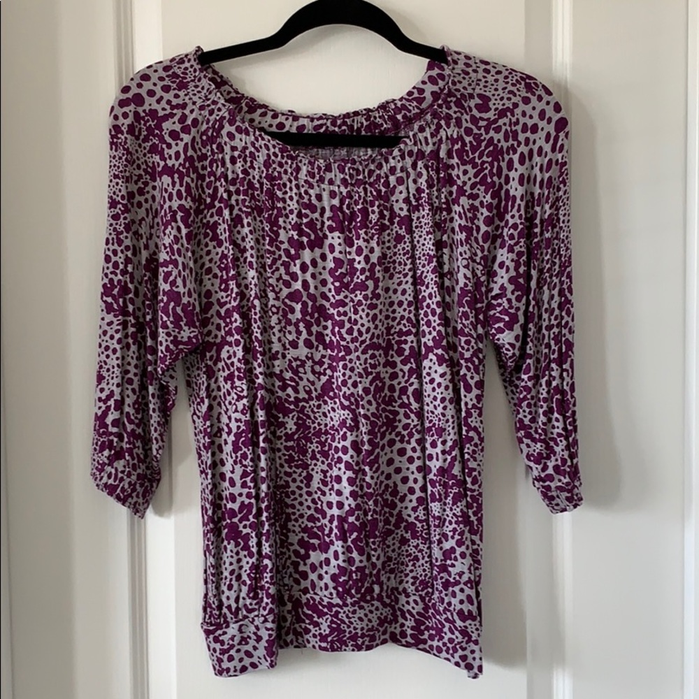 LOFT Purple and Gray Print 3/4 Length Sleeves Rayon/Spandex Top Size SP
